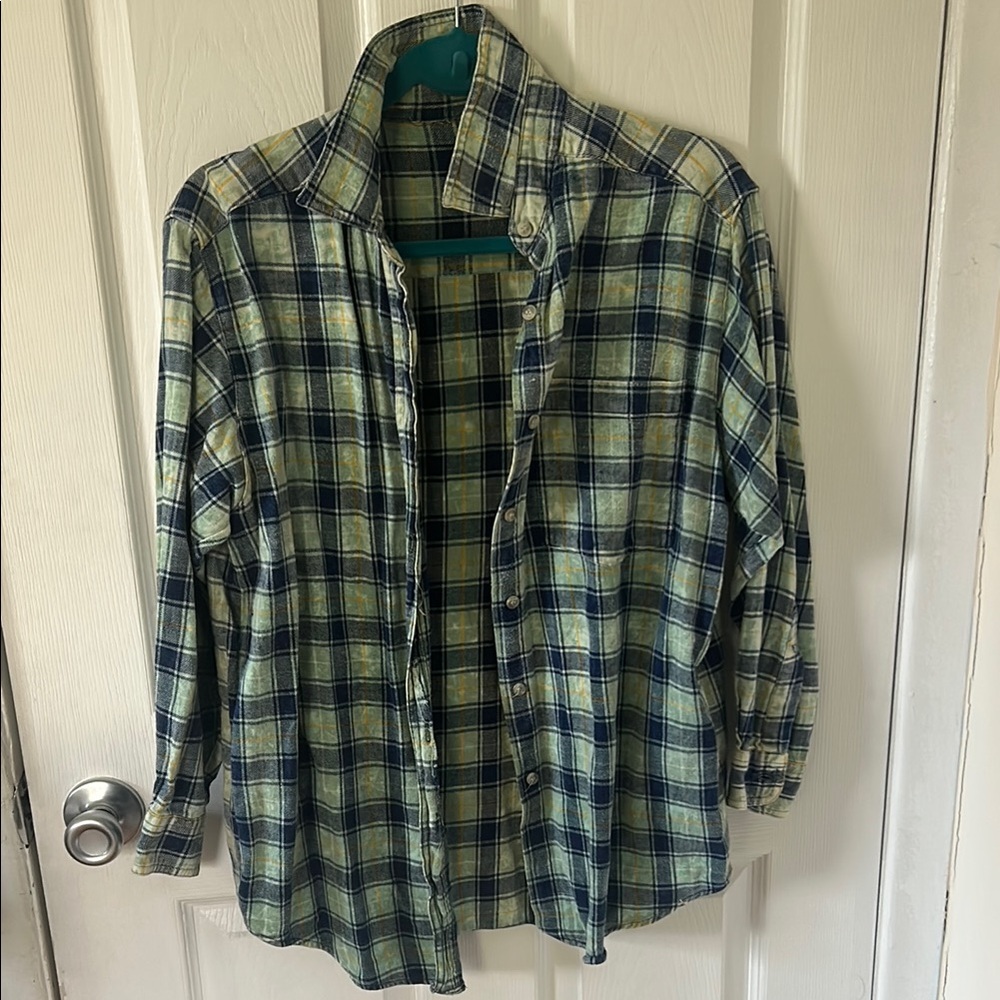 Plaid Button-Up Shirt - Blue and Green